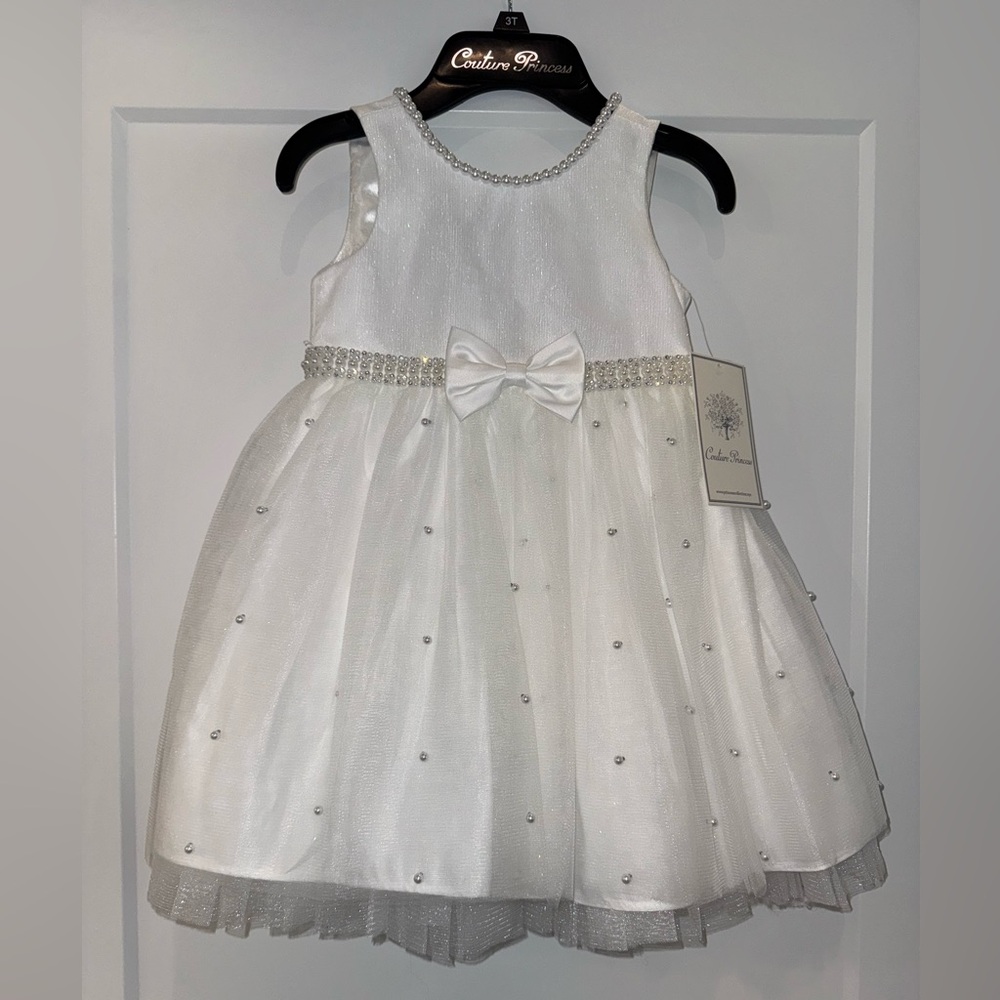 Elegant White Baptism / Christening / Flower Girl Dress with Bow & Pearls 3T